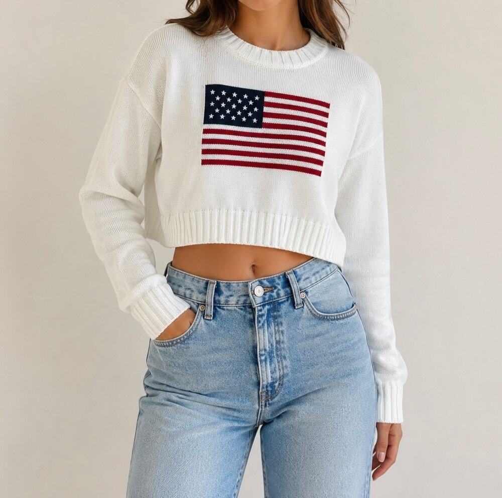 Moon & Madison USA Flag White Knit Cropped Americana Coastal Sweater Size Small